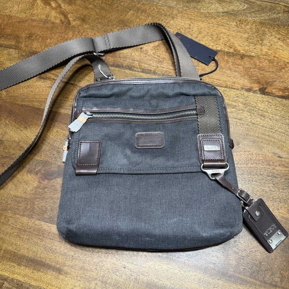 Tumi Alpha Bravo Annapolis Zip Flap Sling Crossbody Gray Brown Leather NEW READ